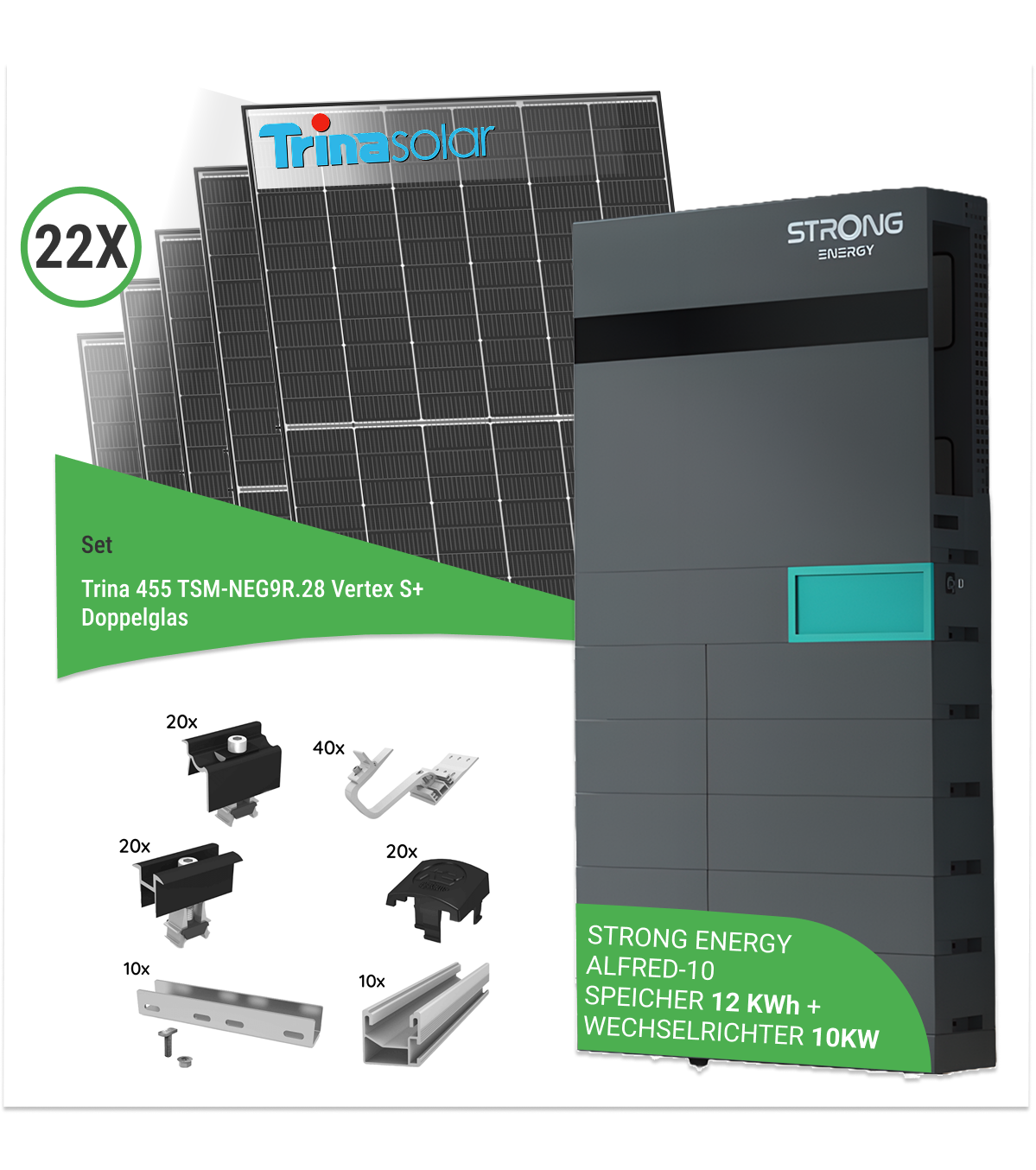 10,01 kWp PV-Komplettset mit 22x Trina 455 Wp TSM-NEG9R.28 Vertex S+ Doppelglas-Solarmodule & STRONG ENERGY ALFRED-10 - inkl. K2 Unterkonstruktion für Ziegeldächer