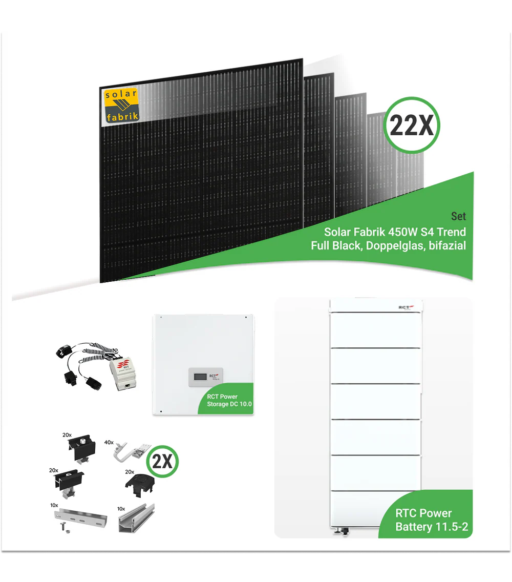 10,08 kWp PV-Komplettset mit 21x AIKO-A480-MCE54Dw Neostar 3P+ 480W Glas-Glas Modulen & RCT Power Storage 10.0 & RCT Power Battery 11.5-2 Speicher – inkl. Unterkonstruktion für Ziegeldächer